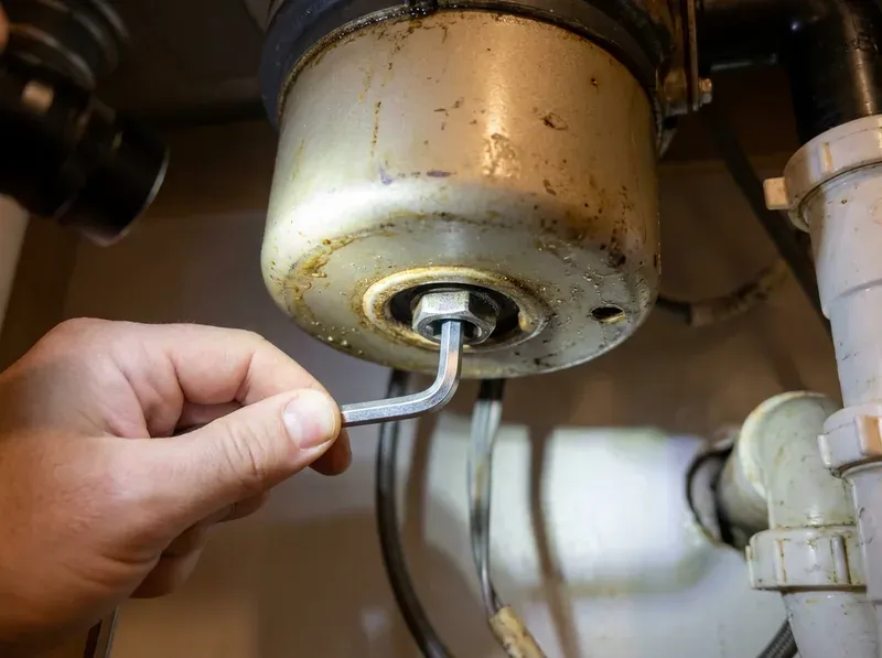 allen wrench inserted into hex hole at bottom of garbage disposal