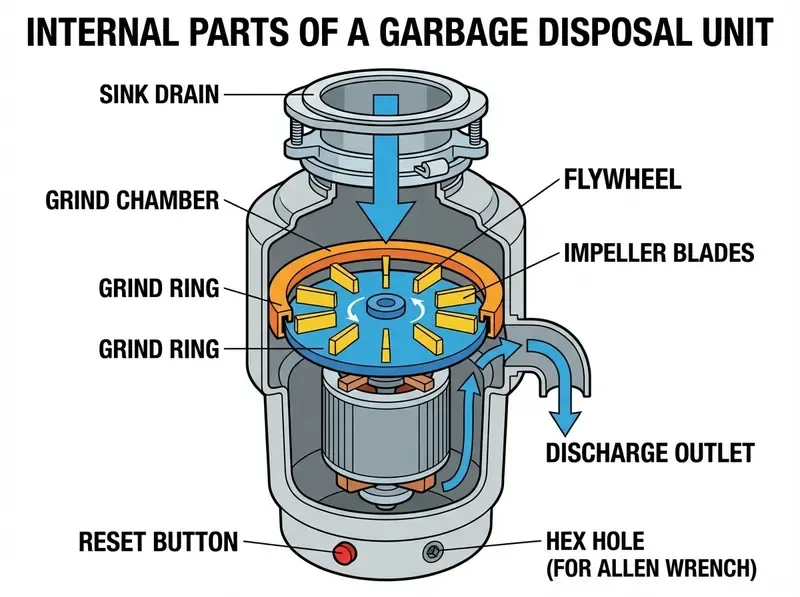garbage disposal parts diagram showing flywheel impeller blades and grind ring
