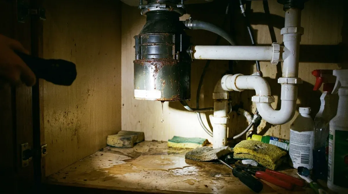 garbage disposal P-trap location under kitchen sink